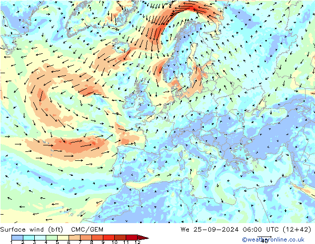 Vent 10 m (bft) CMC/GEM mer 25.09.2024 06 UTC