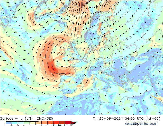 Rüzgar 10 m (bft) CMC/GEM Per 26.09.2024 06 UTC