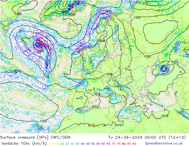 Isotachs (kph) CMC/GEM Tu 24.09.2024 00 UTC