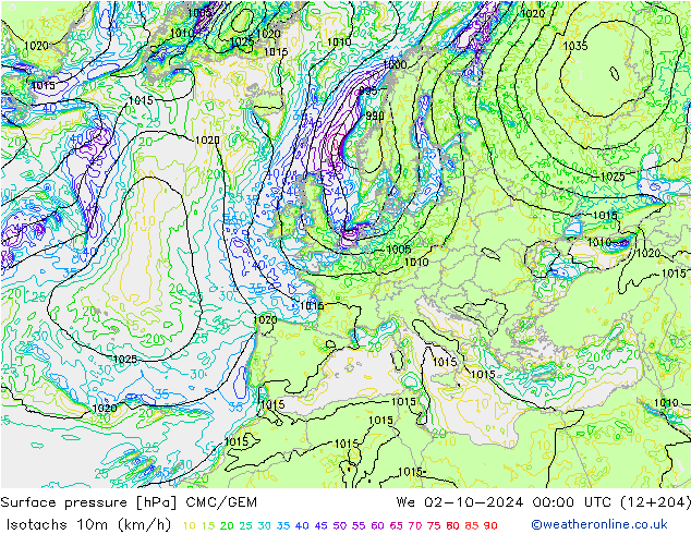 Isotachs (kph) CMC/GEM mer 02.10.2024 00 UTC