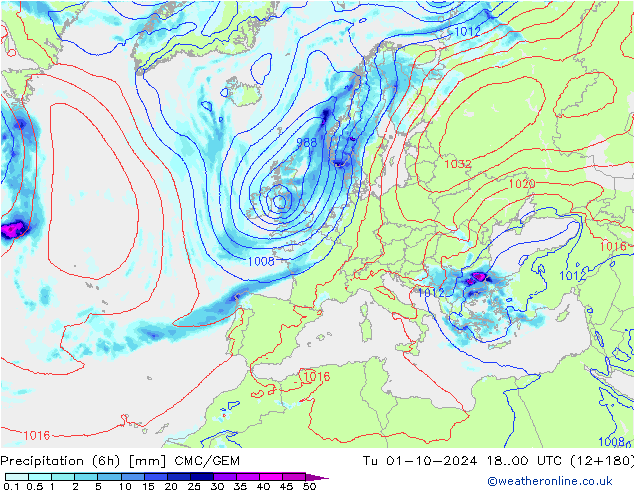 Precipitation (6h) CMC/GEM Tu 01.10.2024 00 UTC