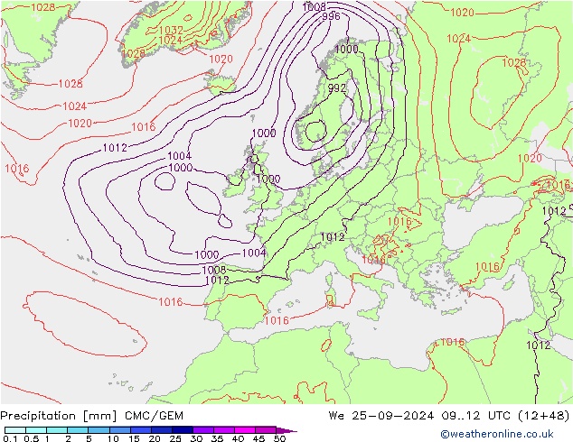 Precipitation CMC/GEM We 25.09.2024 12 UTC