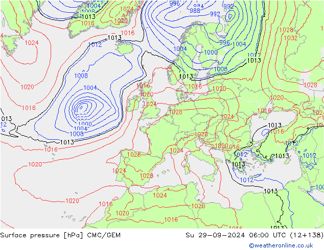 Surface pressure CMC/GEM Su 29.09.2024 06 UTC