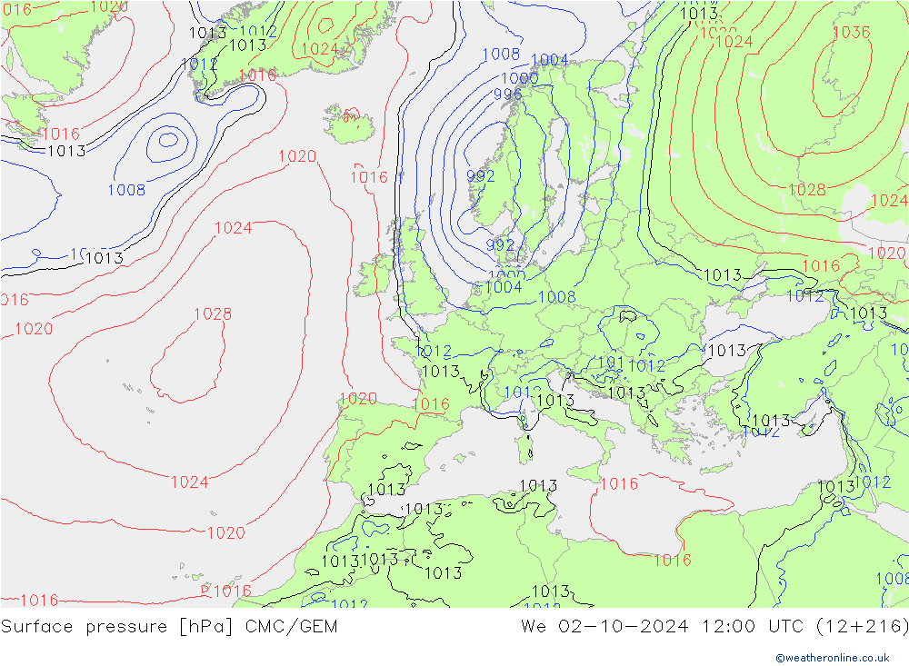 Pressione al suolo CMC/GEM mer 02.10.2024 12 UTC