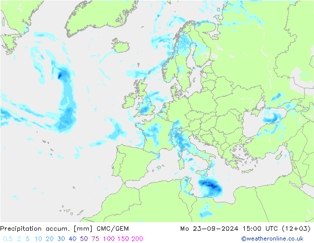 Precipitation accum. CMC/GEM Mo 23.09.2024 15 UTC