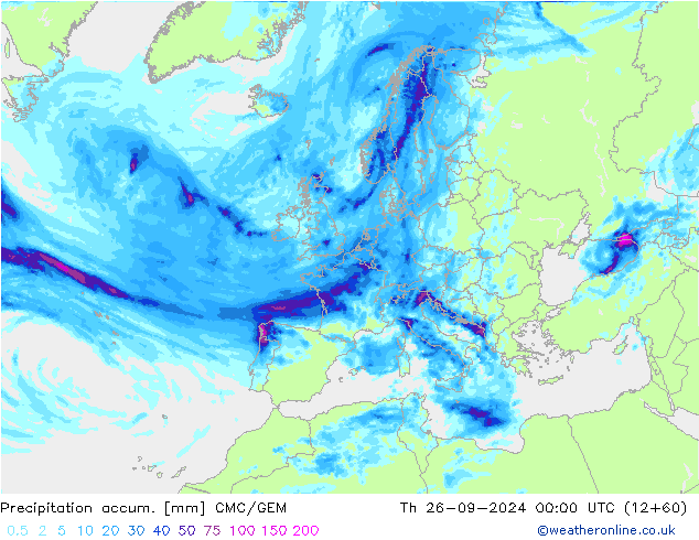 Precipitation accum. CMC/GEM czw. 26.09.2024 00 UTC