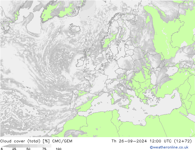 Cloud cover (total) CMC/GEM Čt 26.09.2024 12 UTC