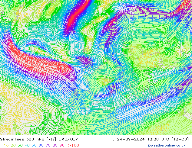 Linia prądu 300 hPa CMC/GEM wto. 24.09.2024 18 UTC