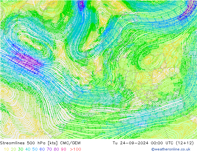 Linia prądu 500 hPa CMC/GEM wto. 24.09.2024 00 UTC