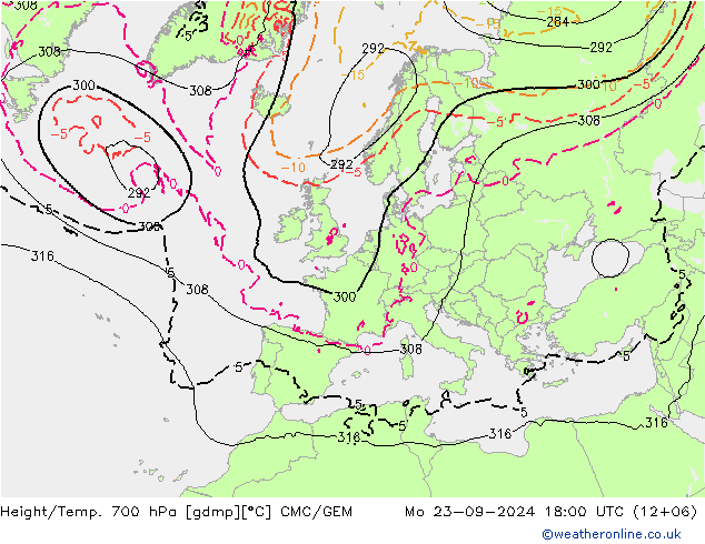 Height/Temp. 700 hPa CMC/GEM Po 23.09.2024 18 UTC