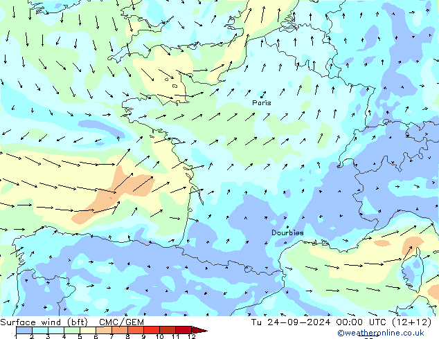  10 m (bft) CMC/GEM  24.09.2024 00 UTC