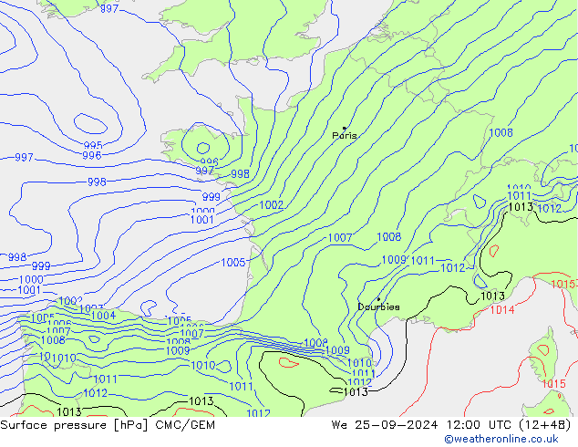 Atmosférický tlak CMC/GEM St 25.09.2024 12 UTC