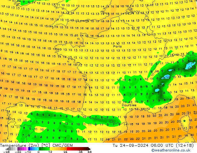 Temperature (2m) CMC/GEM Tu 24.09.2024 06 UTC