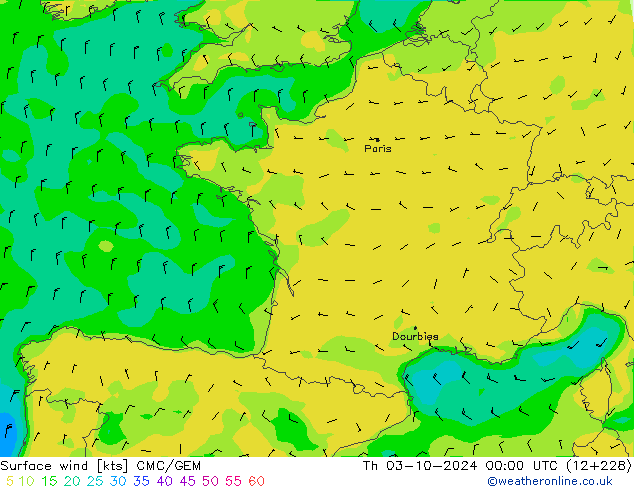 Surface wind CMC/GEM Čt 03.10.2024 00 UTC