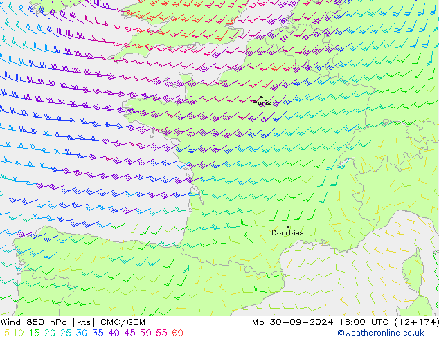 Vento 850 hPa CMC/GEM lun 30.09.2024 18 UTC