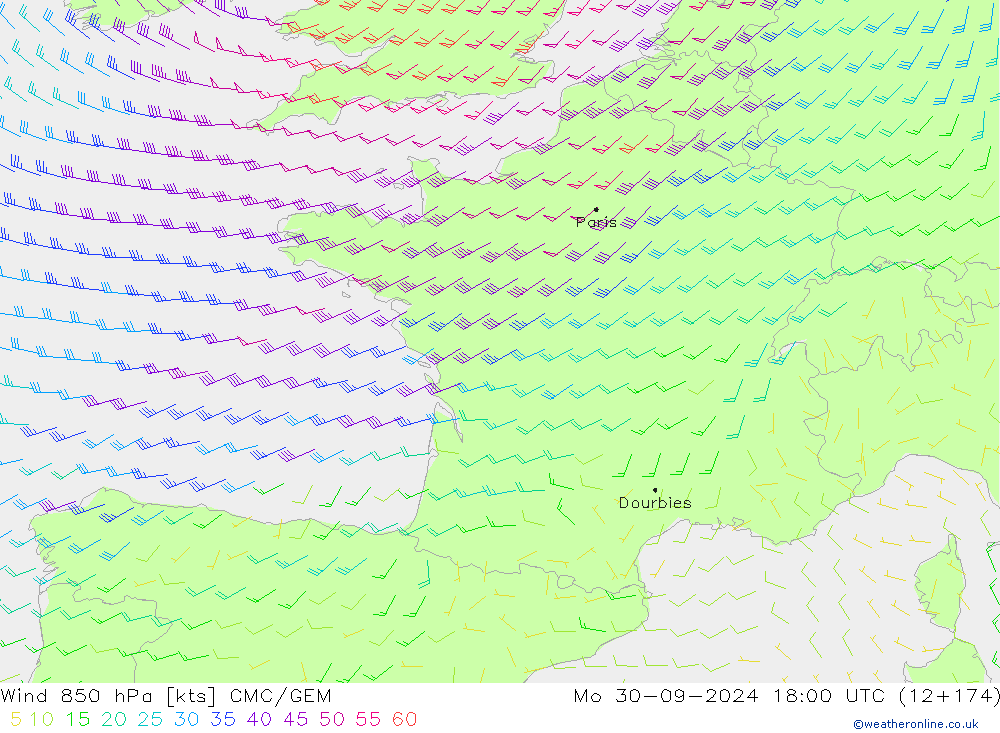 Vento 850 hPa CMC/GEM lun 30.09.2024 18 UTC