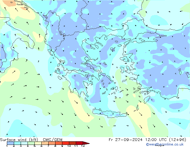 Vento 10 m (bft) CMC/GEM Sex 27.09.2024 12 UTC