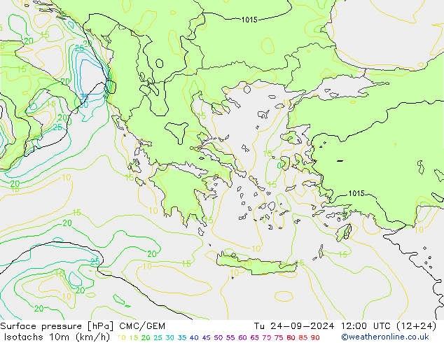 Isotachs (kph) CMC/GEM Tu 24.09.2024 12 UTC