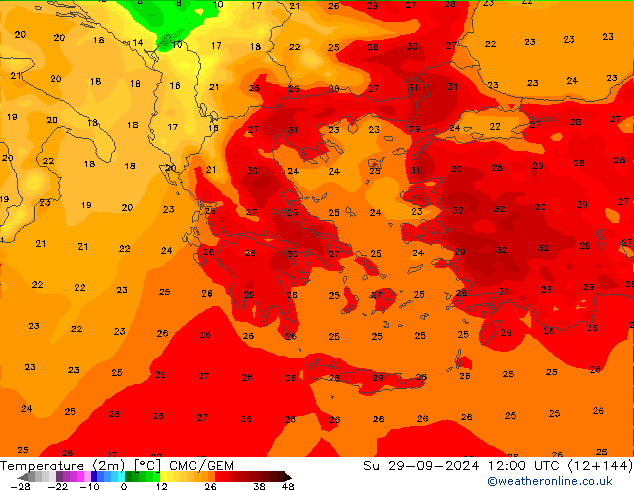 température (2m) CMC/GEM dim 29.09.2024 12 UTC