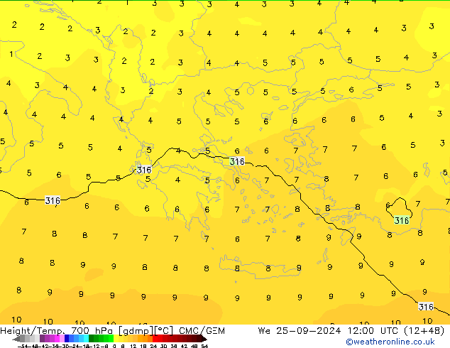 Géop./Temp. 700 hPa CMC/GEM mer 25.09.2024 12 UTC