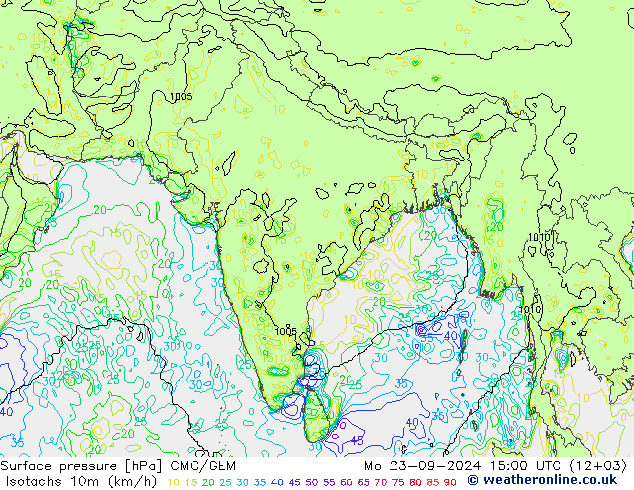 Isotachs (kph) CMC/GEM Mo 23.09.2024 15 UTC