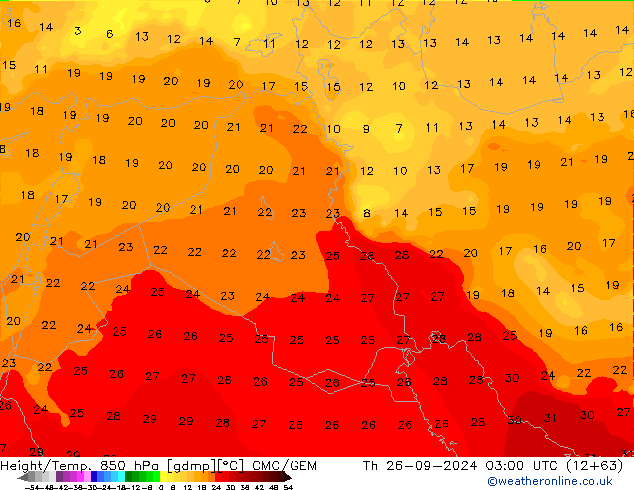 Height/Temp. 850 hPa CMC/GEM Čt 26.09.2024 03 UTC