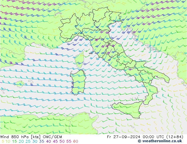 wiatr 850 hPa CMC/GEM pt. 27.09.2024 00 UTC