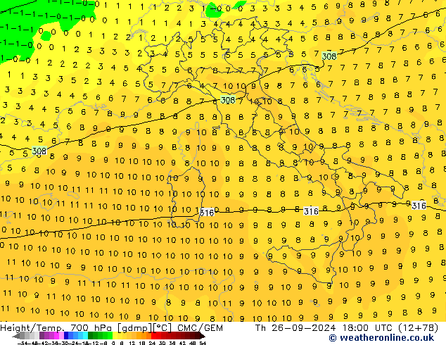 Height/Temp. 700 hPa CMC/GEM Th 26.09.2024 18 UTC