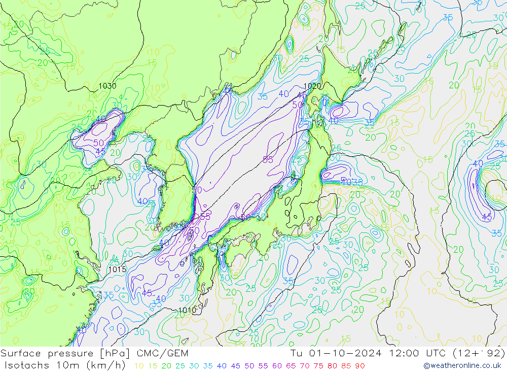 Isotachs (kph) CMC/GEM Út 01.10.2024 12 UTC