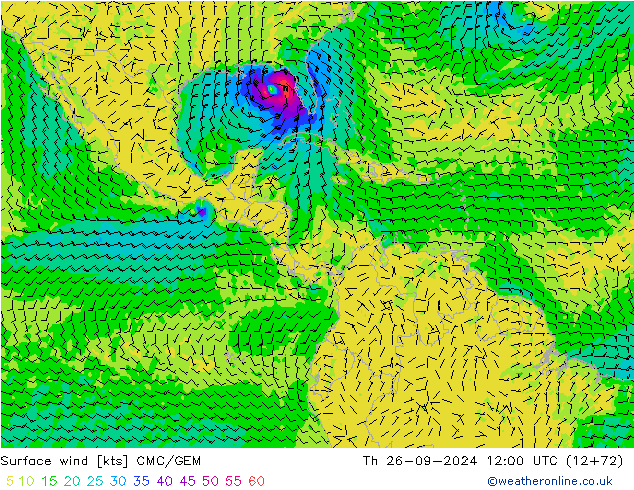 Vento 10 m CMC/GEM gio 26.09.2024 12 UTC