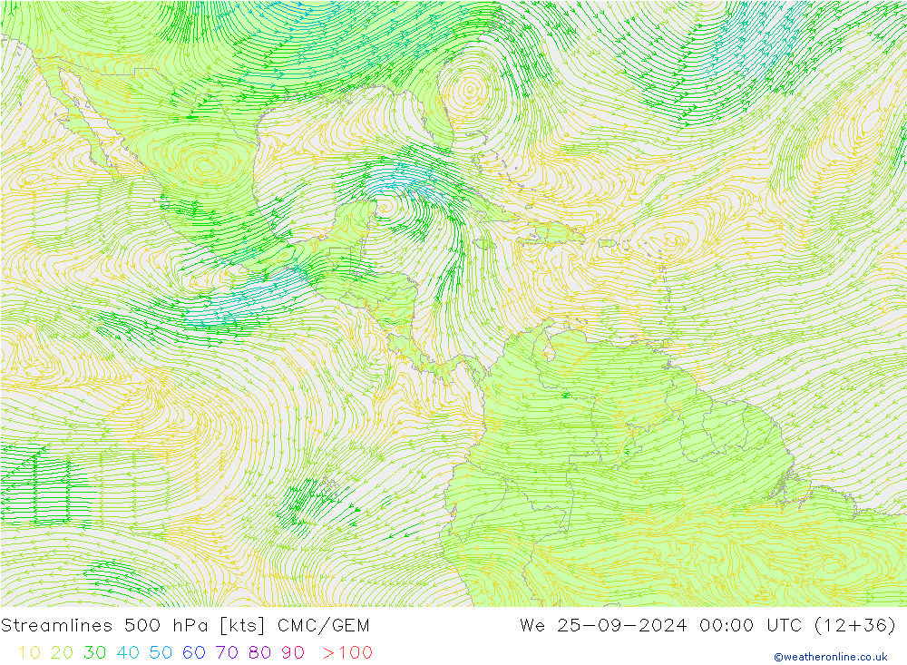 Linea di flusso 500 hPa CMC/GEM mer 25.09.2024 00 UTC