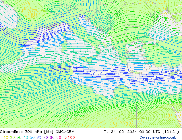 Linea di flusso 300 hPa CMC/GEM mar 24.09.2024 09 UTC