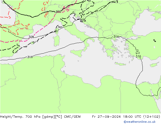 Yükseklik/Sıc. 700 hPa CMC/GEM Cu 27.09.2024 18 UTC