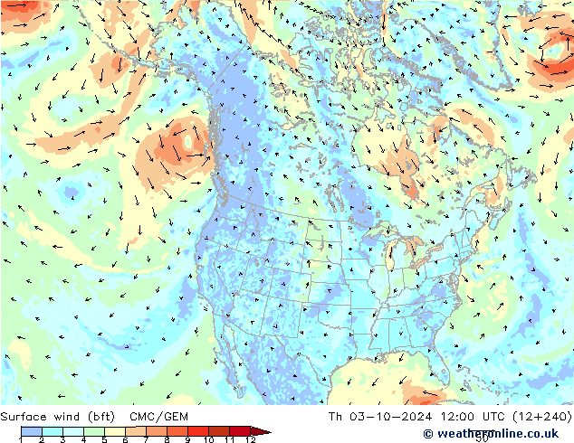 Surface wind (bft) CMC/GEM Čt 03.10.2024 12 UTC