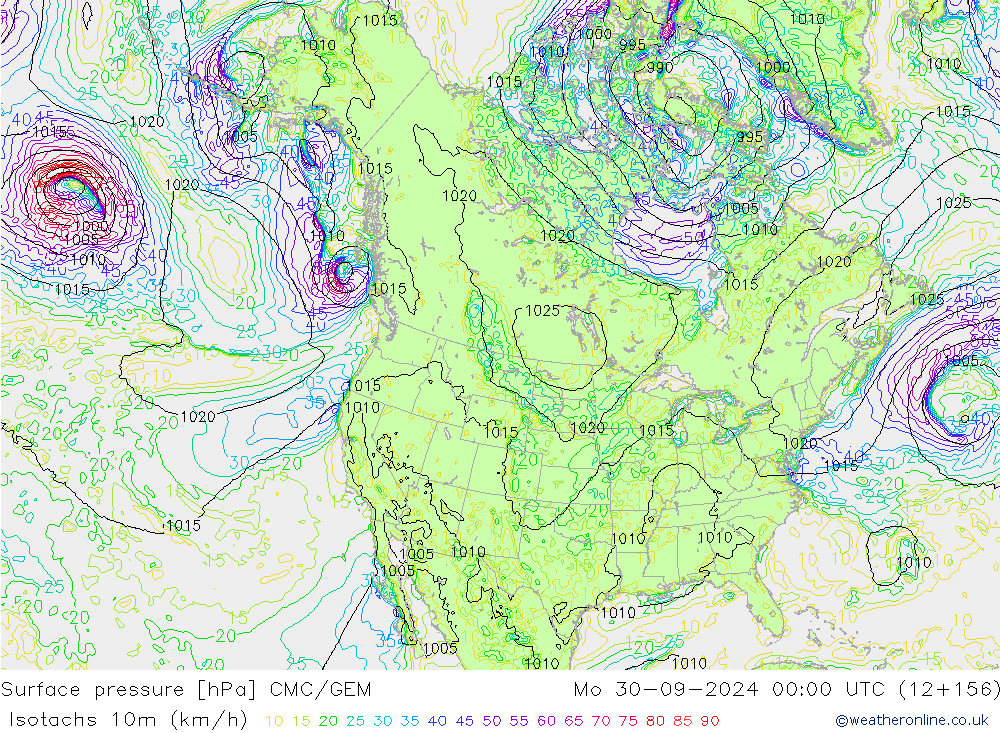 Isotachs (kph) CMC/GEM пн 30.09.2024 00 UTC