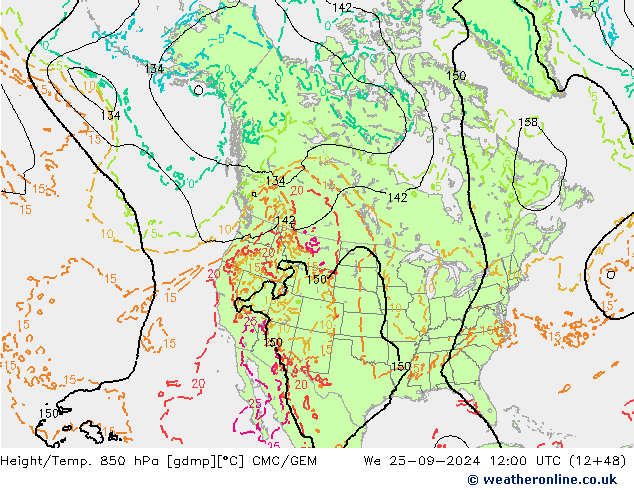 Height/Temp. 850 hPa CMC/GEM We 25.09.2024 12 UTC