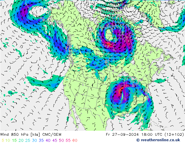 Wind 850 hPa CMC/GEM Fr 27.09.2024 18 UTC