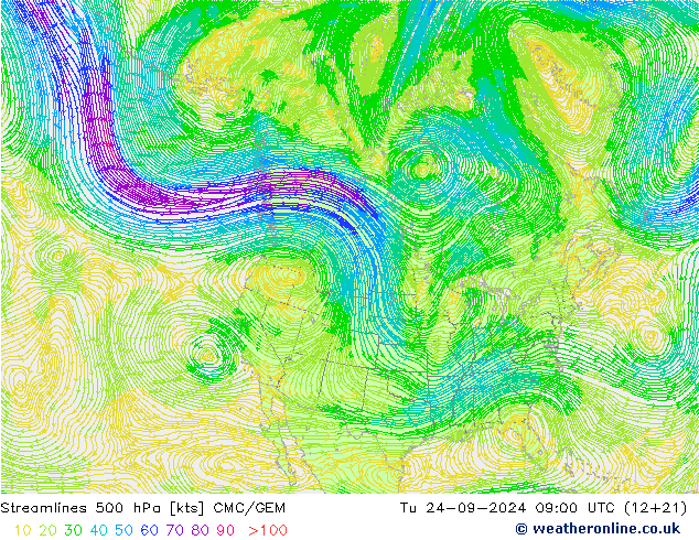 Linia prądu 500 hPa CMC/GEM wto. 24.09.2024 09 UTC