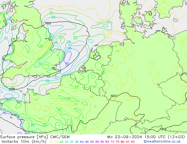 Isotachen (km/h) CMC/GEM Mo 23.09.2024 15 UTC