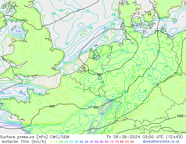 Isotachs (kph) CMC/GEM Čt 26.09.2024 03 UTC