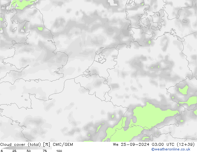 Cloud cover (total) CMC/GEM St 25.09.2024 03 UTC