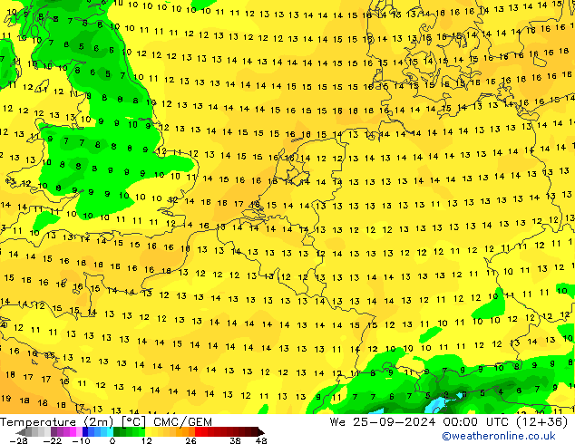 mapa temperatury (2m) CMC/GEM śro. 25.09.2024 00 UTC