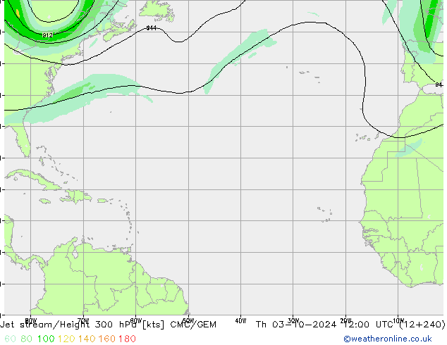 Jet stream/Height 300 hPa CMC/GEM Čt 03.10.2024 12 UTC