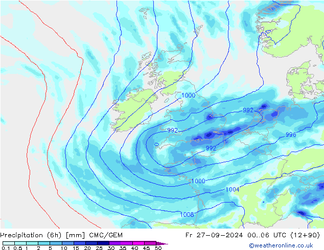 Précipitation (6h) CMC/GEM ven 27.09.2024 06 UTC