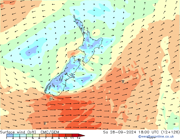 Surface wind (bft) CMC/GEM Sa 28.09.2024 18 UTC