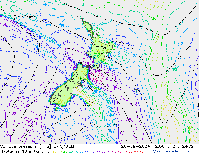 Isotachs (kph) CMC/GEM Th 26.09.2024 12 UTC