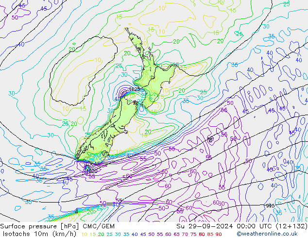 Isotachs (kph) CMC/GEM Dom 29.09.2024 00 UTC