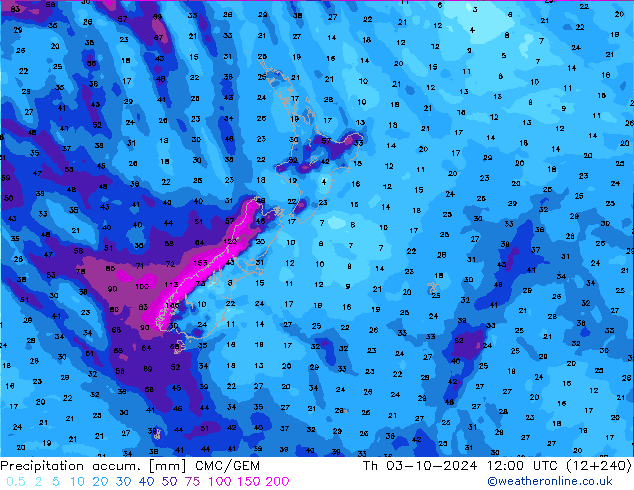 Precipitation accum. CMC/GEM Th 03.10.2024 12 UTC