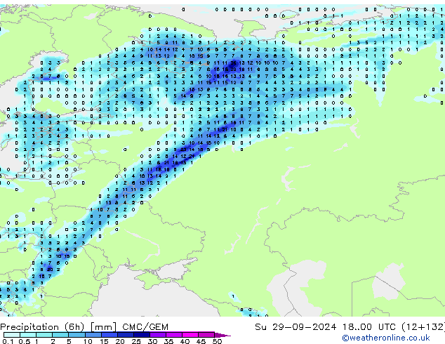 Precipitation (6h) CMC/GEM Su 29.09.2024 00 UTC