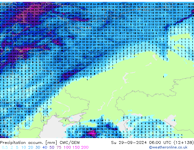 Precipitation accum. CMC/GEM dom 29.09.2024 06 UTC